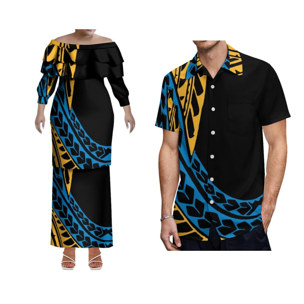 Elegant Polynesian Samoa Hawaii slim women's ruffle collar fishtail dress with soft summer fabric, ideal for garden parties.