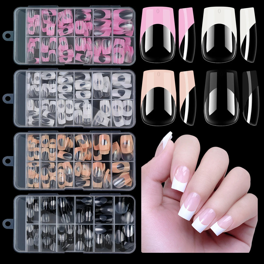 Set of 120 acrylic French false nails by Showlu Fashion Store, medium length square full cover nail tips with mixed sizes
