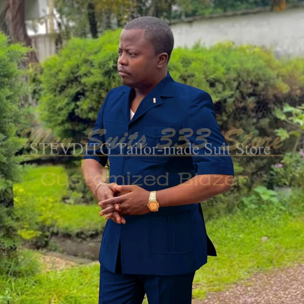 Safari men's short sleeve suit set with single-breasted jacket and pants in African fashion style, featuring stand notch lapel.