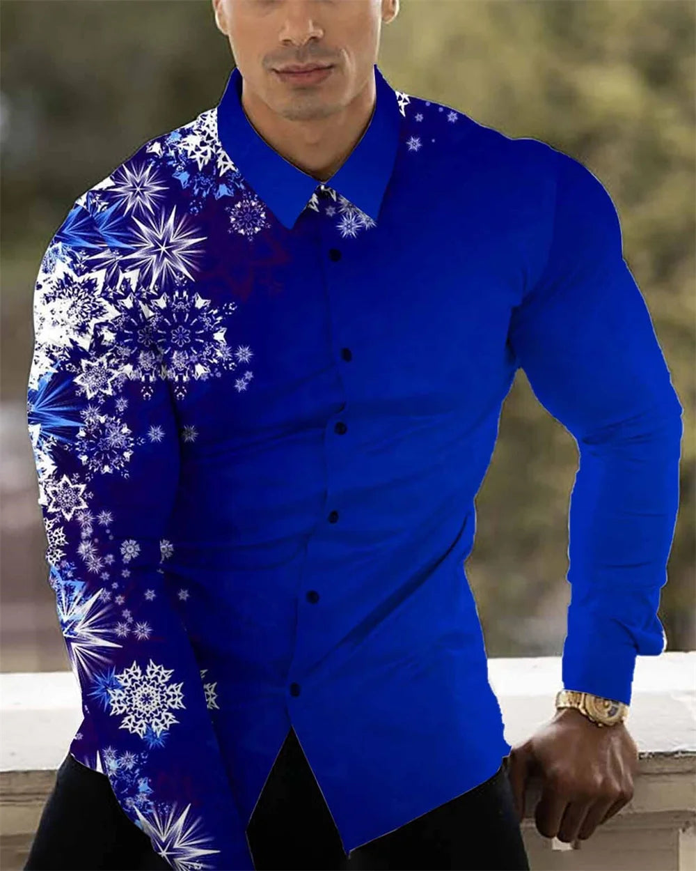 Men's long-sleeved casual designer shirt with buttons, printed lapel, featuring fashionable 2023 men's clothing from Showlu Fashion.