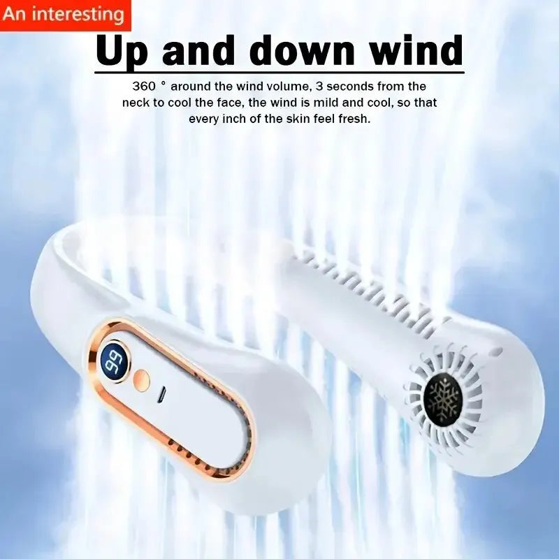 Showlu Smart portable neck fan with 5-speed settings, USB rechargeable, 4000mAh battery, worn around the neck for hands-free cooling.
