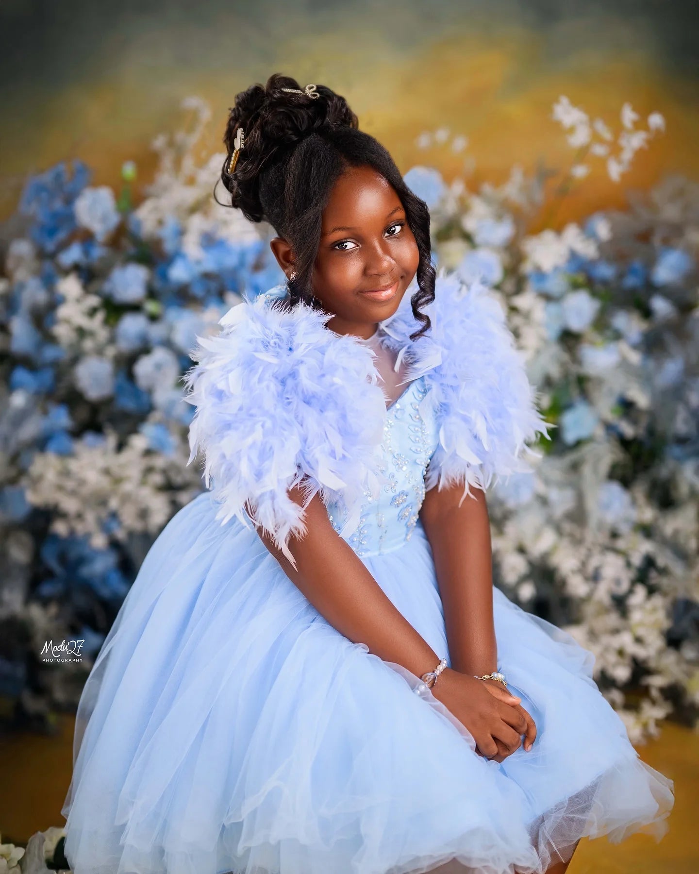 Light Sky Blue Flower Girl Dress Customized Feather Kids Pageant Dresses Luxury Girl Prom Birthday Gown For Photoshoot