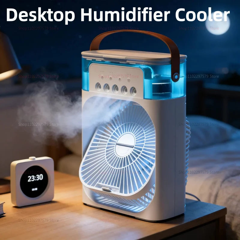 Showlu Smart Portable USB air cooler fan with 3-speed settings, mini water mist humidifier, LED lights, desktop cooling device