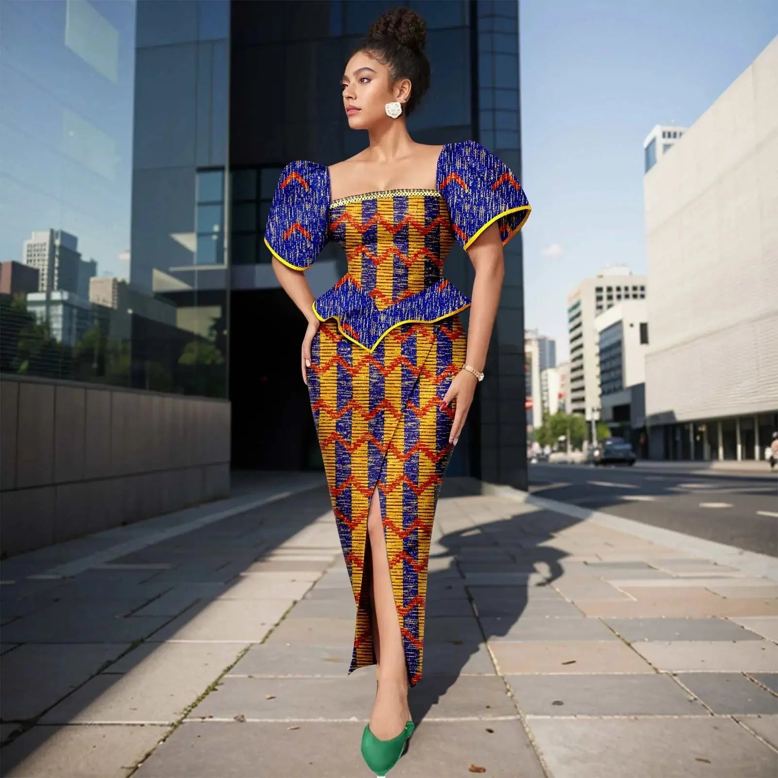 AFRIPRIDE women's Ankara print square neck puff sleeve A-line dress with vibrant fabric and stylish design.