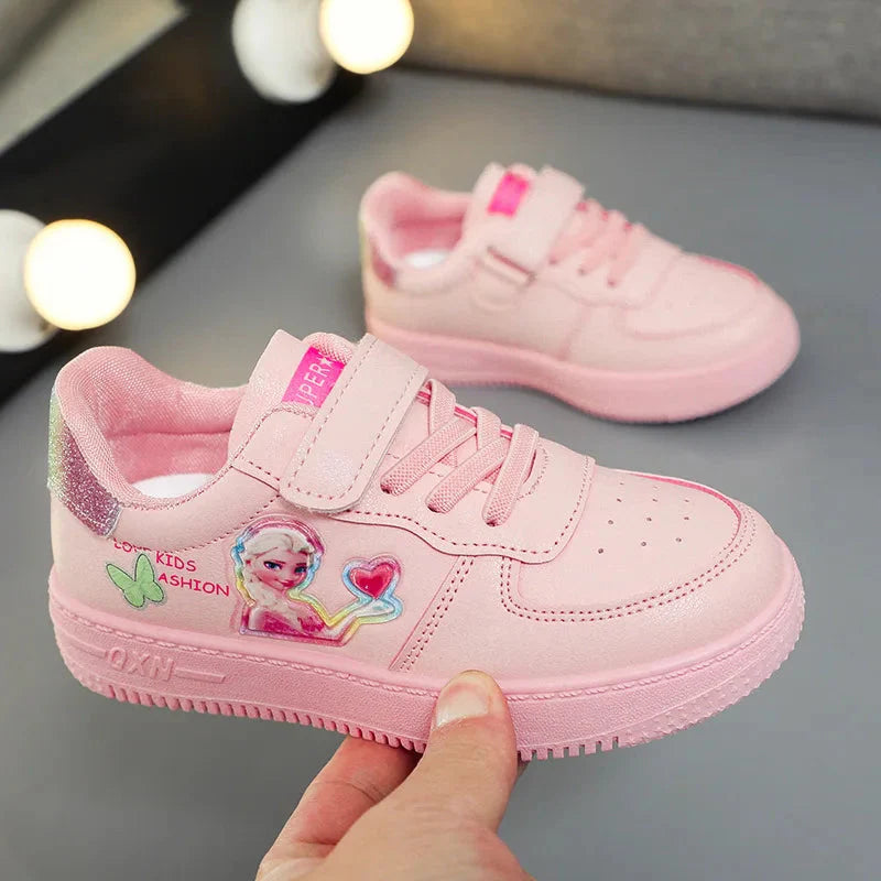 Disney Princess Elsa girls' fashion sneakers with breathable PU leather, featuring icy blue design and Elsa character details.