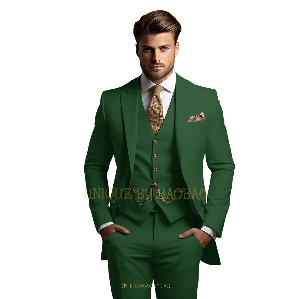 Men’s grey 3-piece suit with jacket, vest, and trousers, stylish classic wedding and formal party attire by Showlu Fashion Store.