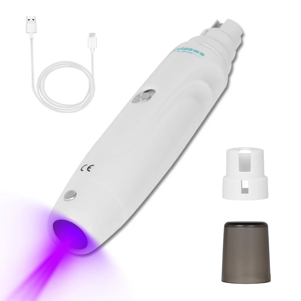 Electric dog nail grinder by Showlu Fashion Store with LED light, USB rechargeable, compact pet nail grooming trimmer in action.