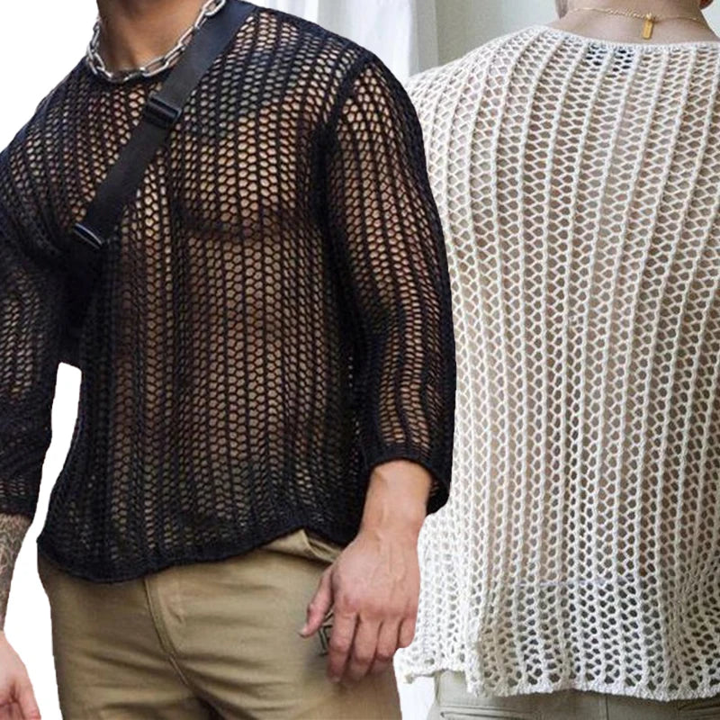 Mens Long Sleeve T-Shirts Sexy Sheer Mesh Fishnet Clubwear Tops Tee Outwear Gym Training  Hollow Out See Through Tops