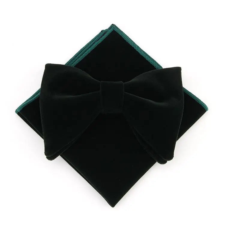 Men's velvet big bowtie, necktie, pocket square, and handkerchief set featuring a custom logo, ideal for wedding attire.