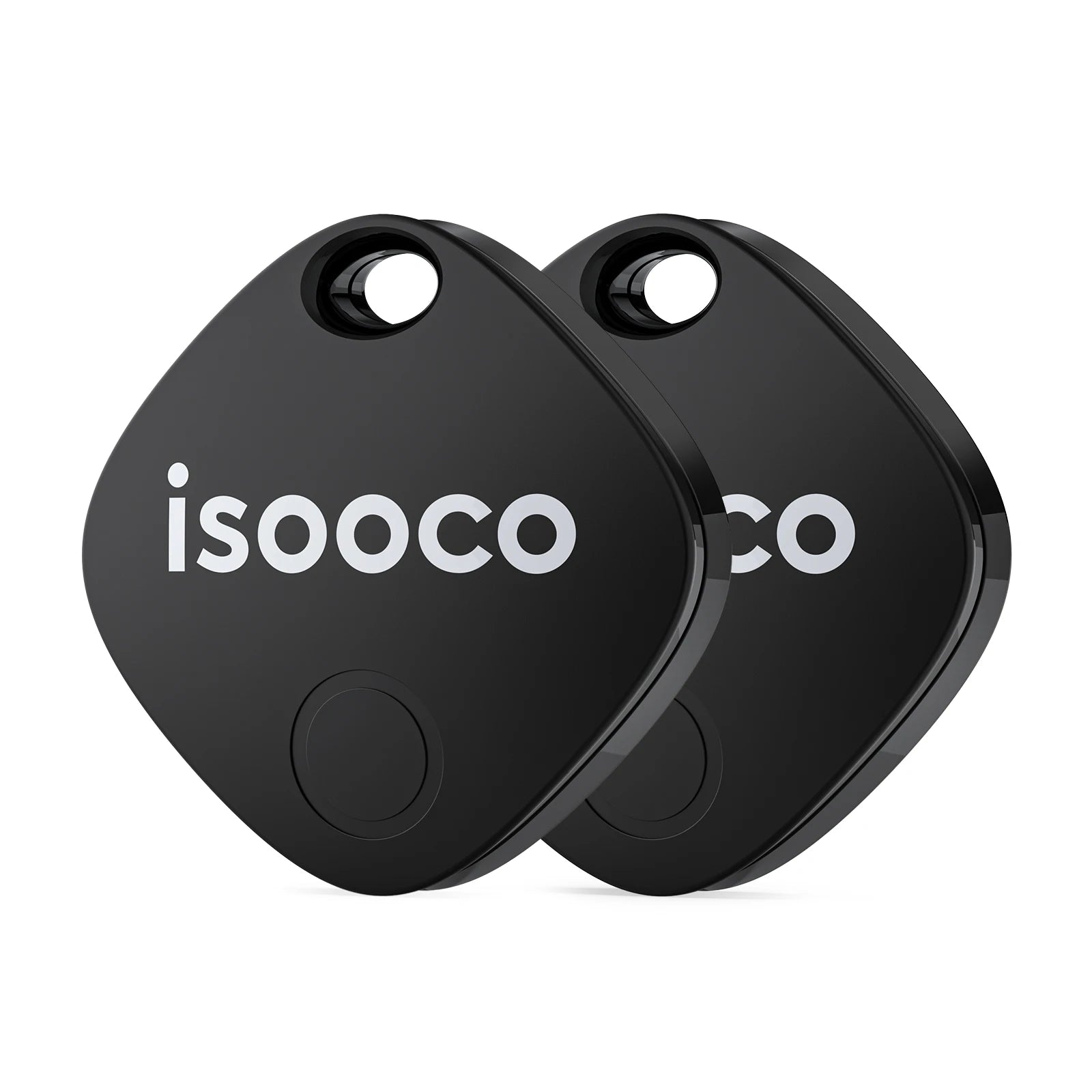 ISOCOCO Smart Key Finder by Showlu Smart, waterproof Bluetooth tracker for iOS devices, showing the compact device with keyring attachment.