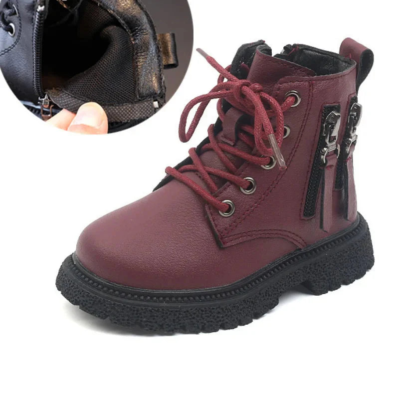 Kids rubber ankle boots by SHOWLU FASHION STORE, warm winter fashion shoes with double zipper and sturdy soles.