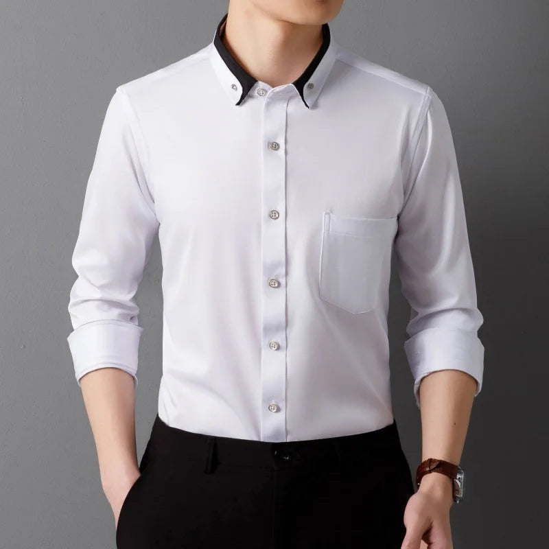 Men's Shirt Long Sleeve Elastic Wrinkle Proof Business Office Spring and Autumn Top Classic Solid royal blue -Black -White-green