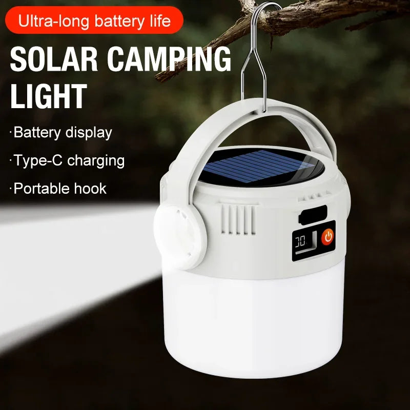 Showlu Smart General portable LED camping lantern with solar rechargeability and multiple lighting modes, suitable for outdoor camping.