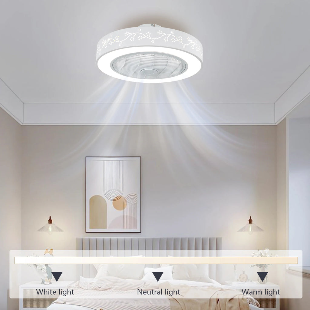 Showlu 55cm flush mount smart ceiling fan with dimmable LED light, modern design, black finish, and remote control.