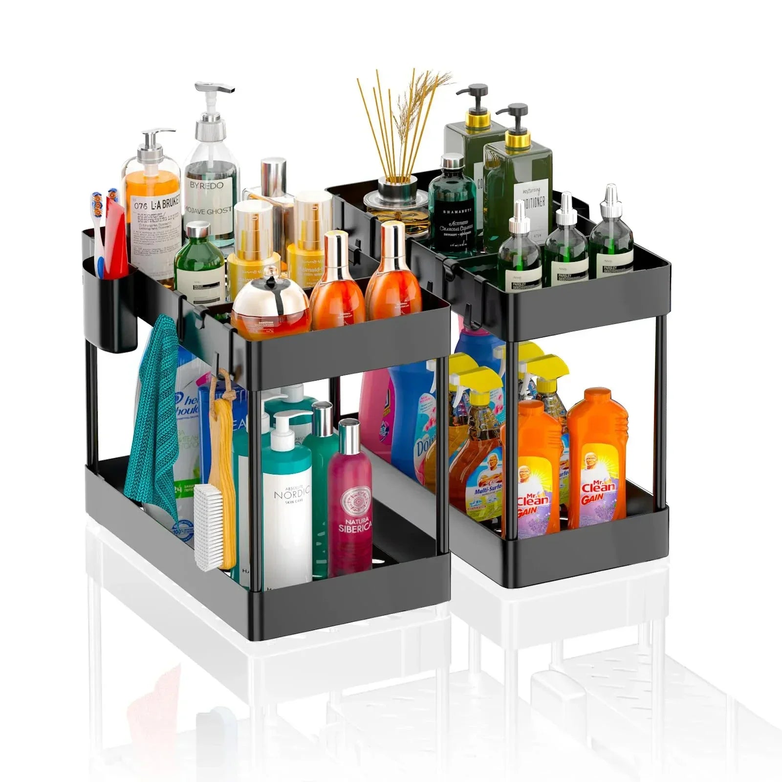Showlu Smart General under sink organizer rack with multiple compartments for efficient kitchen or bathroom storage.