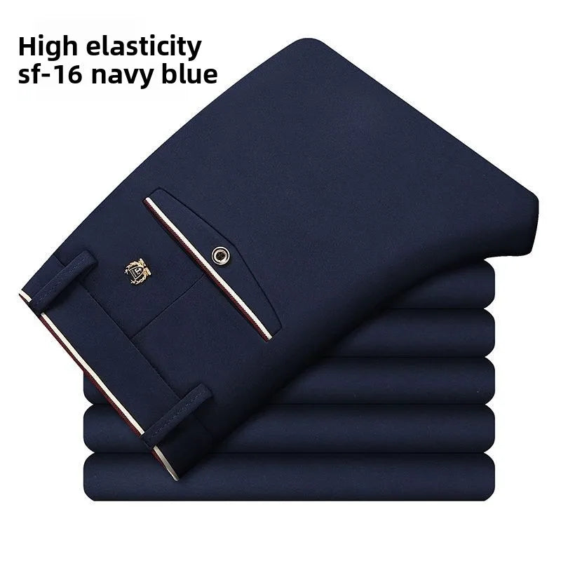 Men's lightweight stretch travel dress pants with slim fit, no iron, British style, suitable for office and business travel.