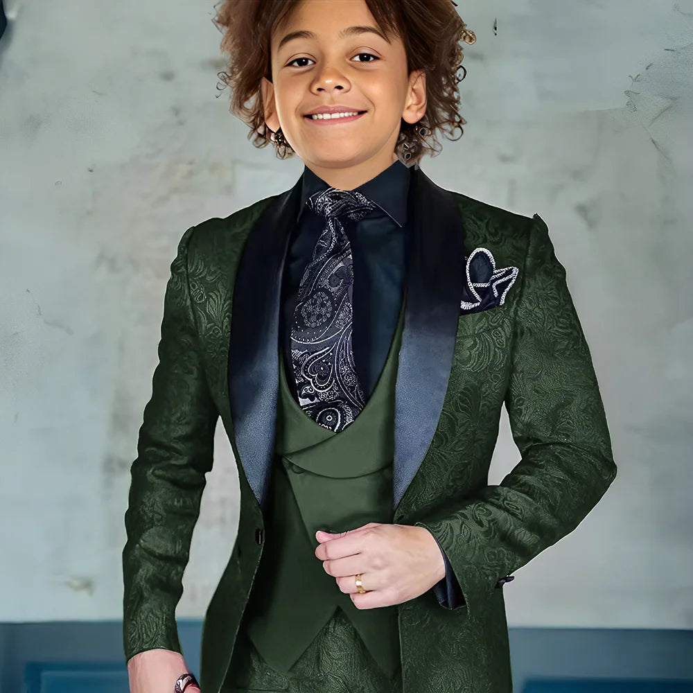 Burgundy jacquard boys' 3-piece suit with jacket, pants, and vest, perfect for formal events or weddings.