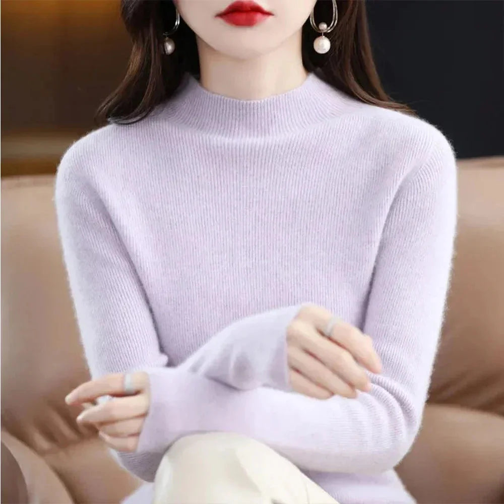 Women's half high collar pleated pullover sweater by SHOWLU FASHION STORE, slim fit design with stylish pleats and cozy fabric.
