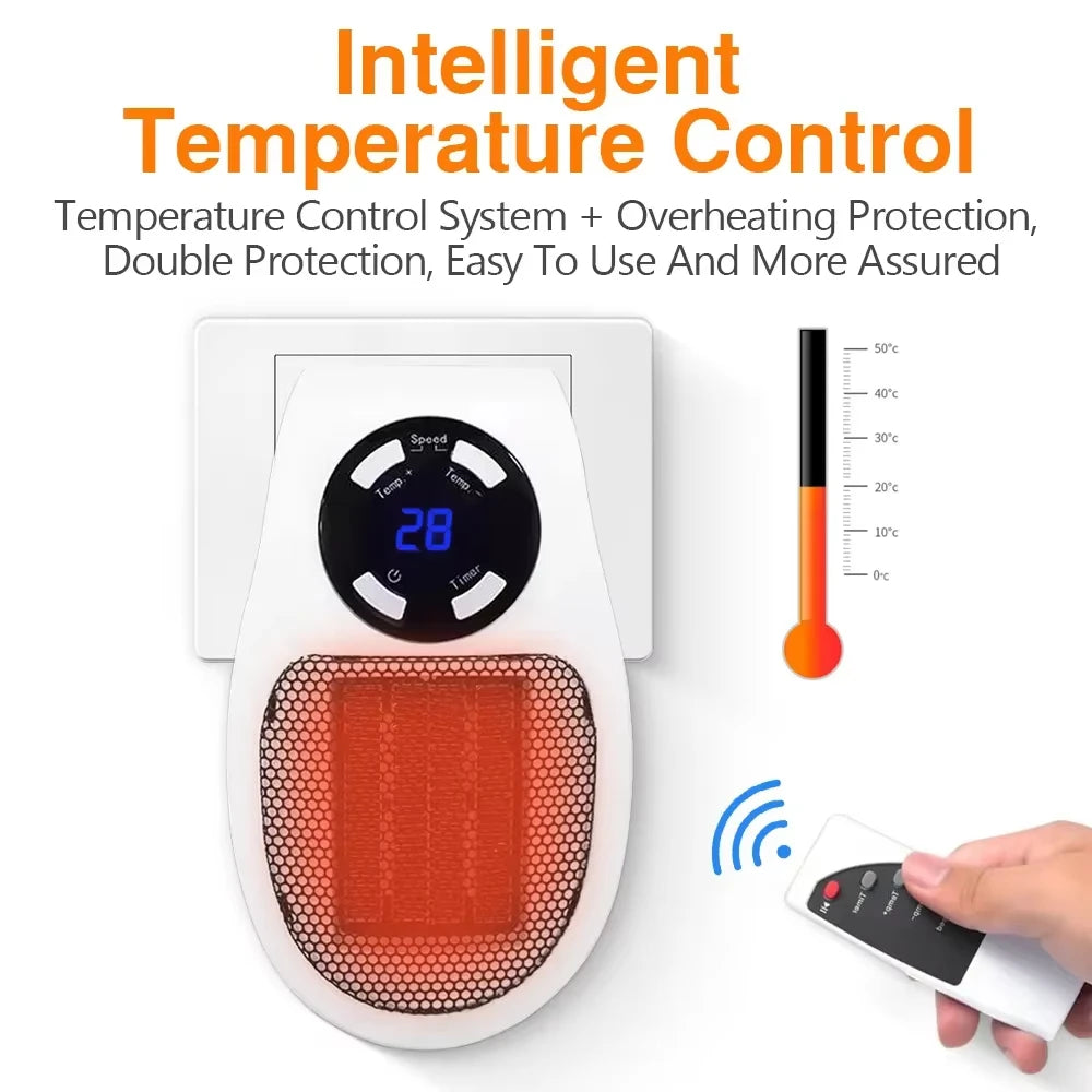 Showlu Smart General 500W mini ceramic space heater plugged in, compact design with safety features for personal room heating.