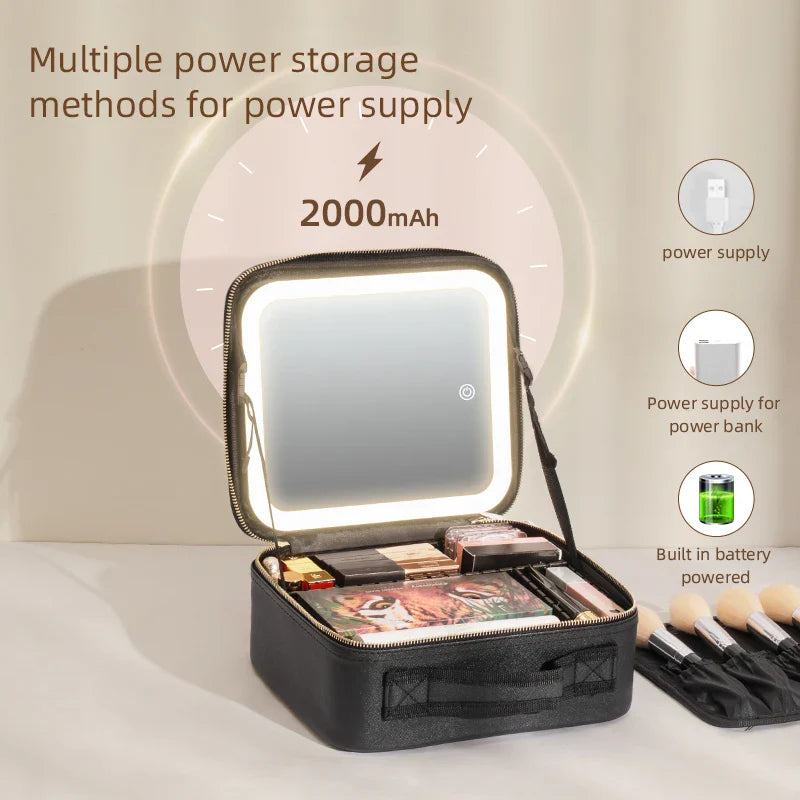 Showlu Makeup Travel Train Case with LED Mirror, PU leather cosmetic bag for organizing makeup and beauty essentials.