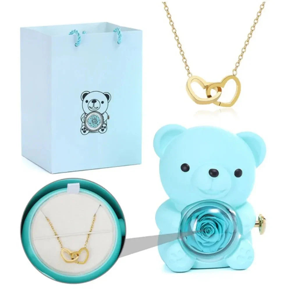 SHOWLU FASHION STORE Teddy Bear Rose jewelry box with rotating necklace display, featuring a cute teddy bear design and floral accents.