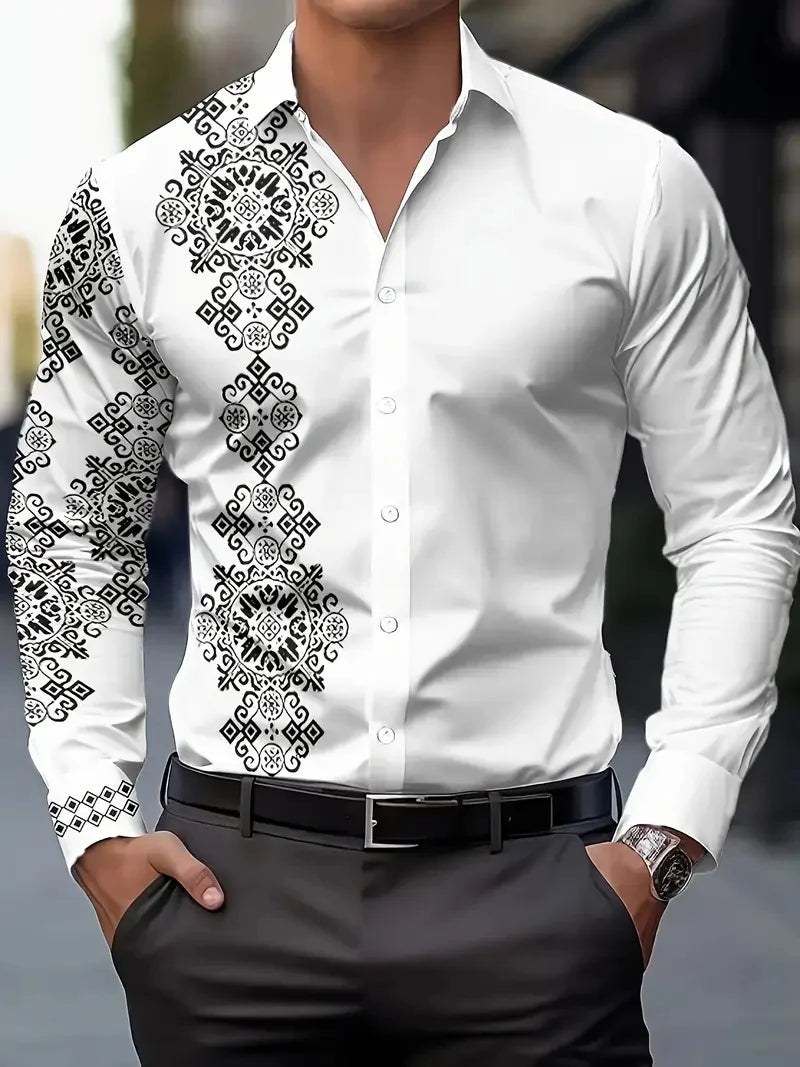 Hawaiian men's long sleeve shirt with 3D printed design, button-up, flip-over collar, street trend style by Showlu Fashion Store