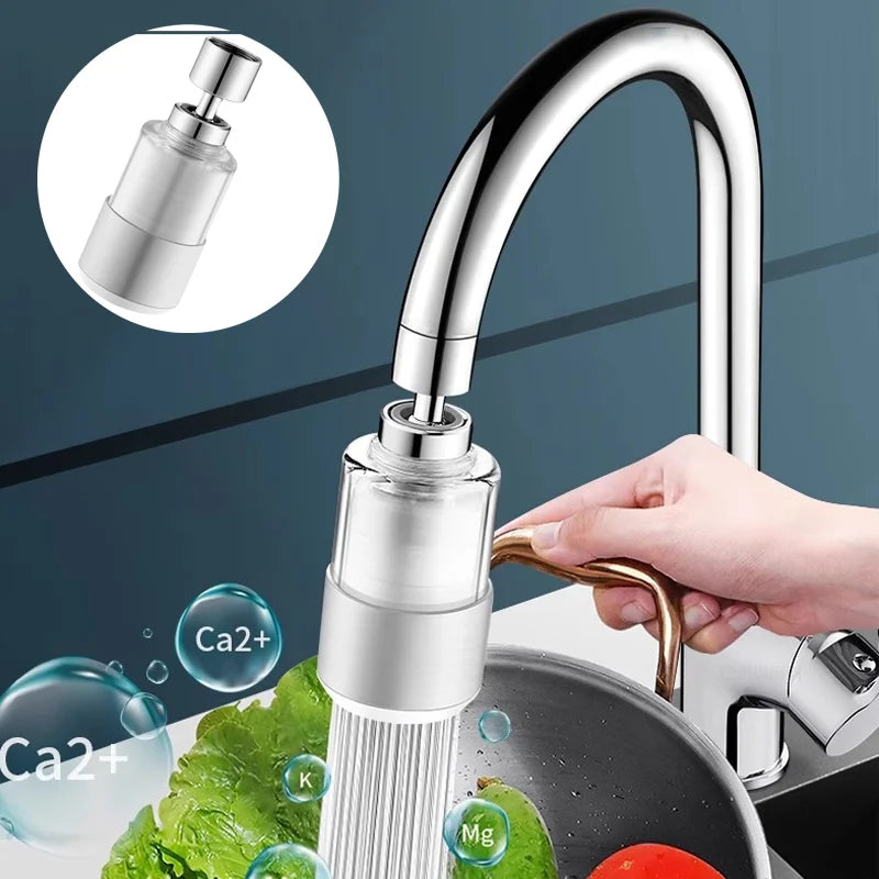 Showlu Universal Rotary Faucet Filter in brass and ABS, featuring 2-gear water purification system, installed on a kitchen faucet.