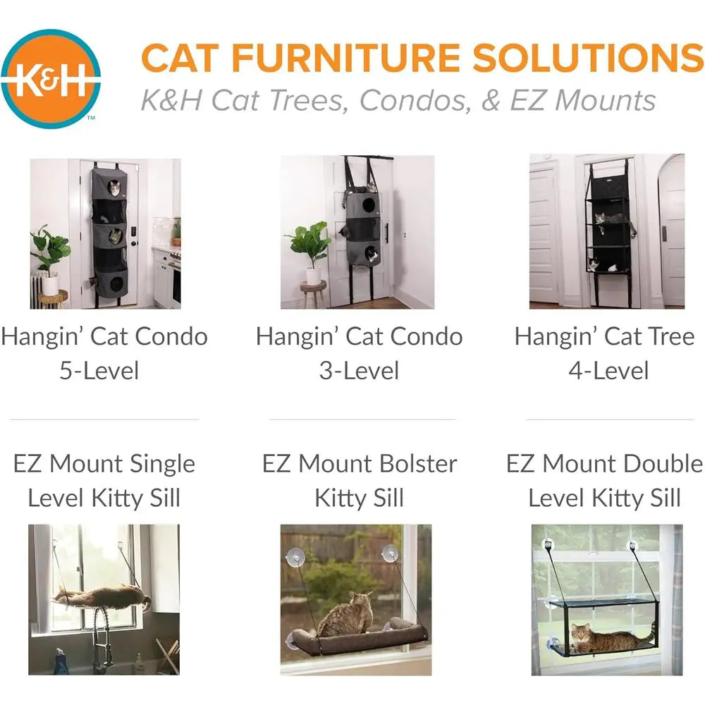 Multi-level door-mounted cat tree perch by K&H Pet Products, featuring cozy perches and scratching posts for cats.