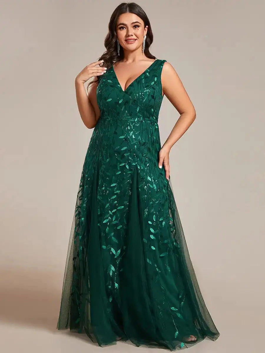 Dark green plus size sequin evening dress with V-neck and A-line silhouette from SHOWLU FASHION STORE