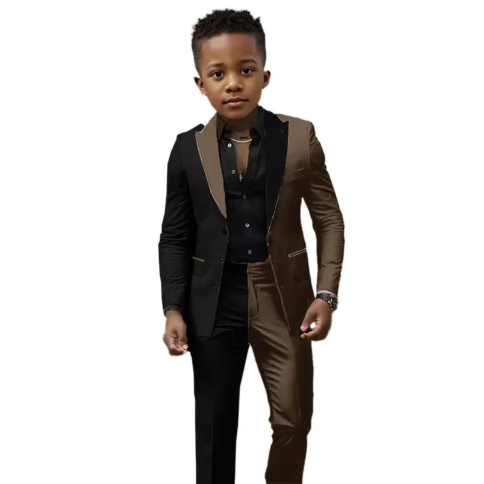 Black and white spliced boys wedding suit with jacket and pants, slim fit tuxedo for ages 2T-16T, perfect for Easter, prom, or birthdays.