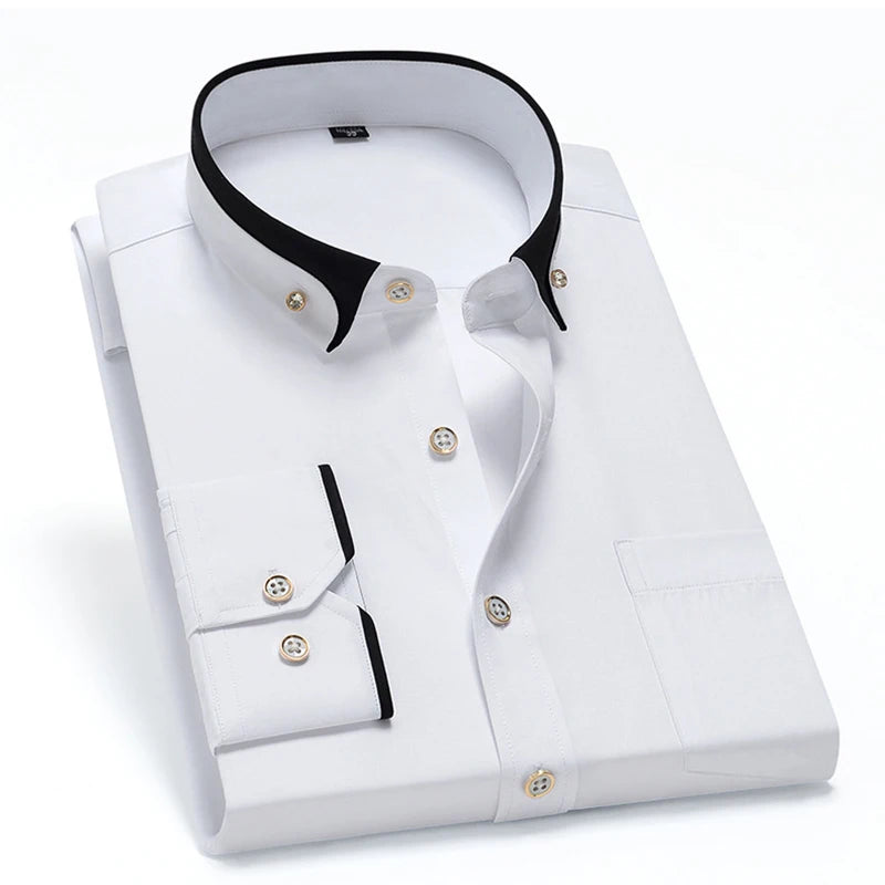 Showlu Men's slim fit long sleeve white cotton business shirt displayed on a hanger, classic white color, tailored fit.