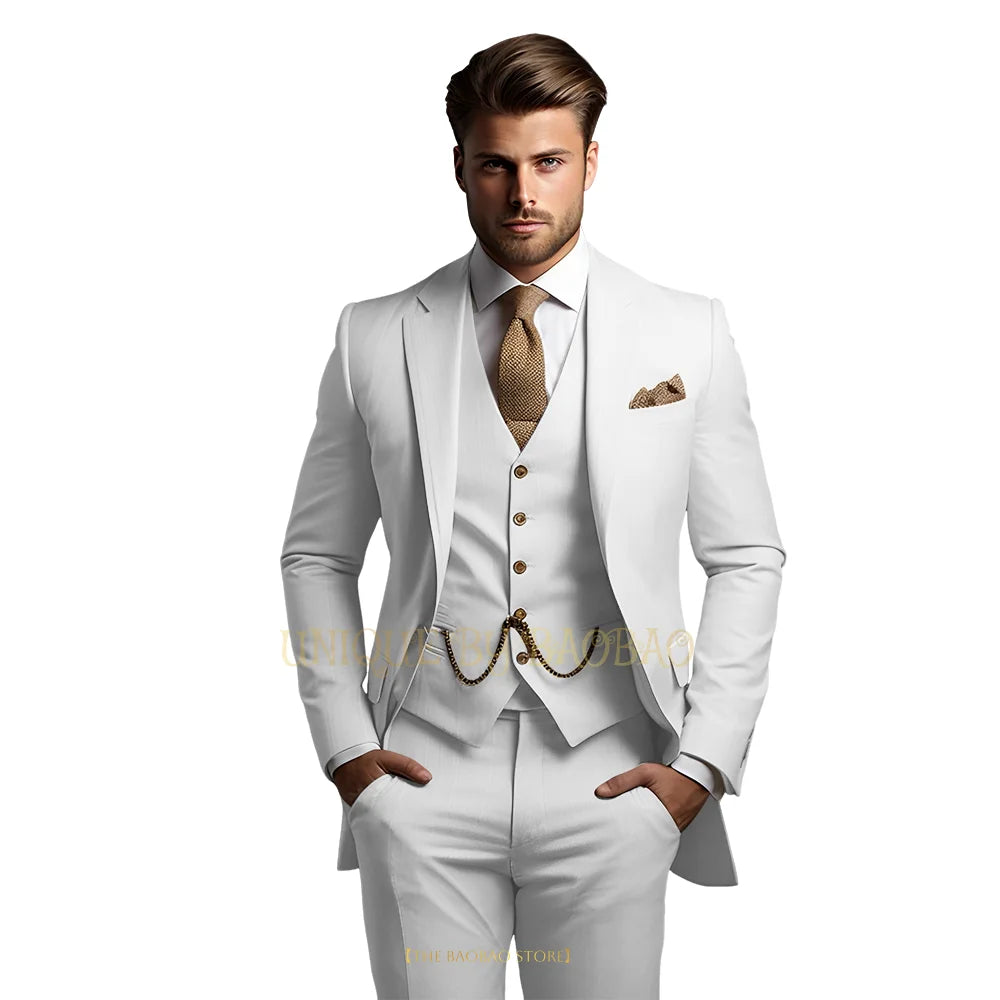 Men's grey 3-piece suit with jacket, vest, and trousers, stylish classic wedding and formal attire by Showlu Fashion Store.