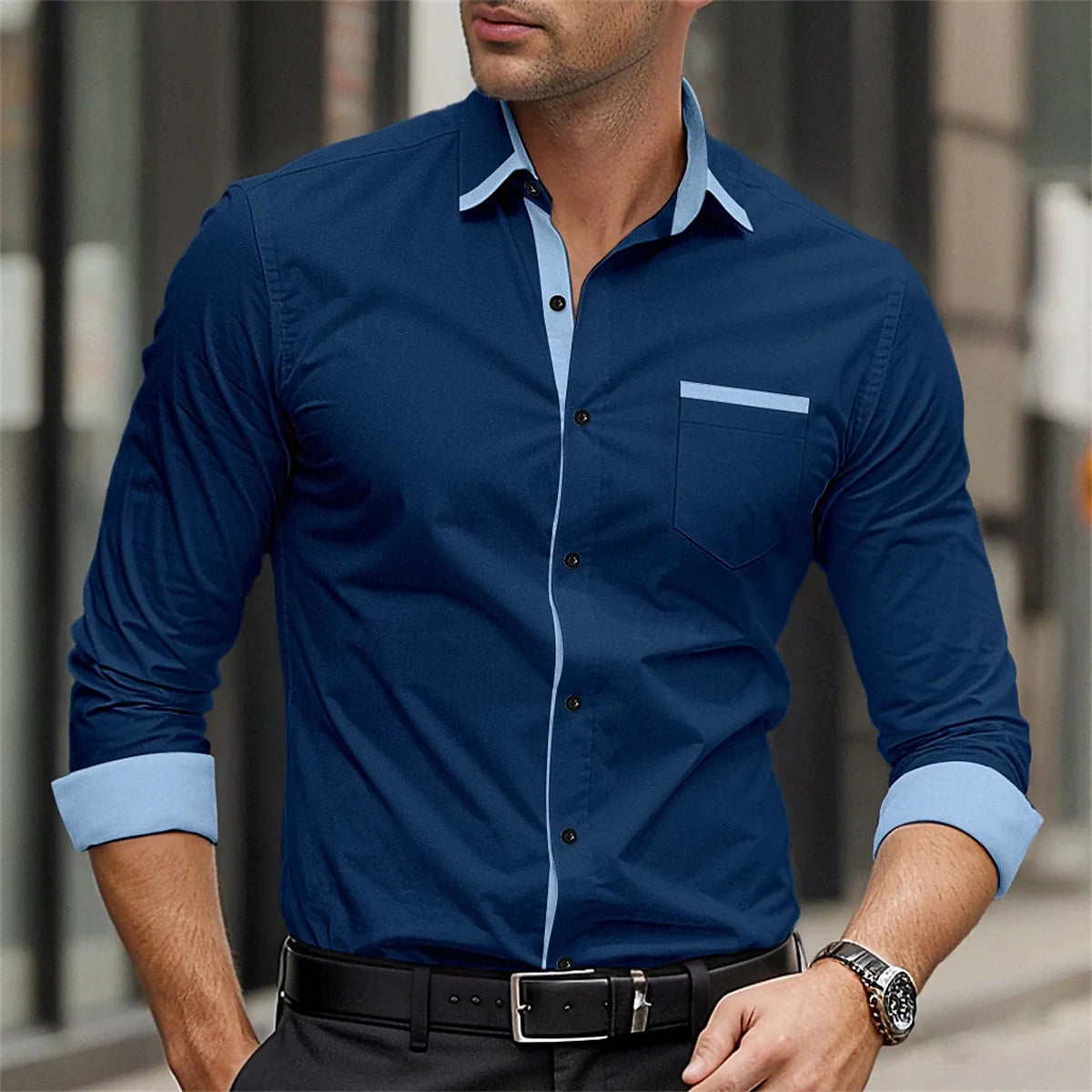 Men's solid color long-sleeve formal button-up shirt with lapel, suitable for weddings and daily wear, by Showlu Fashion Store.