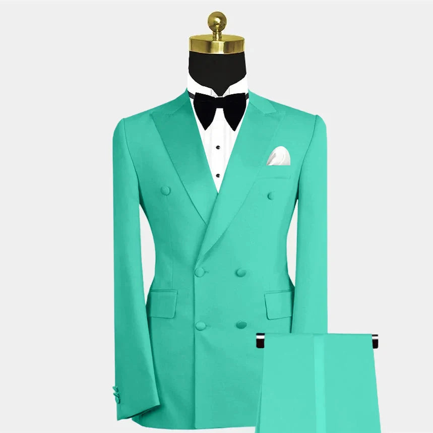 Men's blue double-breasted slim fit wedding suit by Showlu Fashion, featuring a tailored 2-piece design with notch lapels.