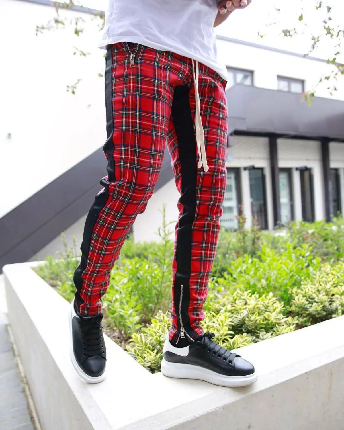 SHOWLU men's plaid slim fit tracksuit pants with zipper bottoms, designed for fitness and casual wear.