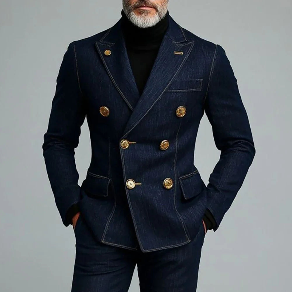 Slim fit men's double-breasted suit with peak lapels, formal 2-piece outfit, in classic style, from SHOWLU FASHION STORE.