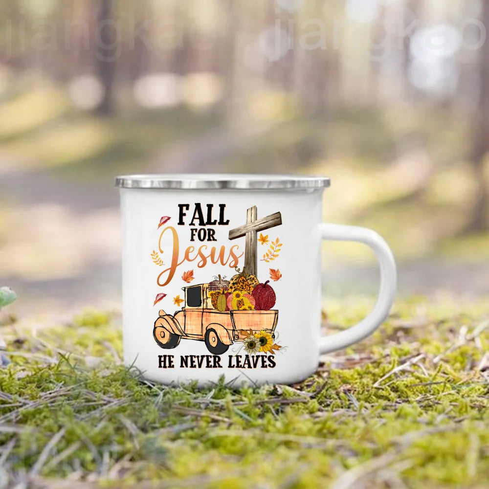 Showlu Pumpkin Spice Jesus Christ enamel mug with fall-themed design, perfect for camping and coffee lovers.