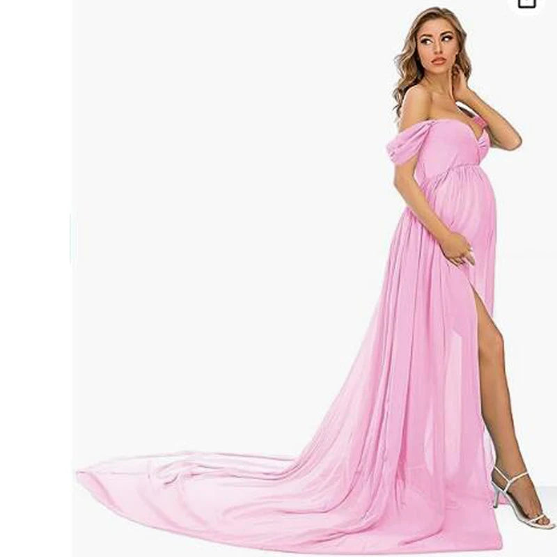Elegant chiffon maternity dress with long train, perfect for photoshoots, by Showlu Fashion Store, featuring a flowing split design.