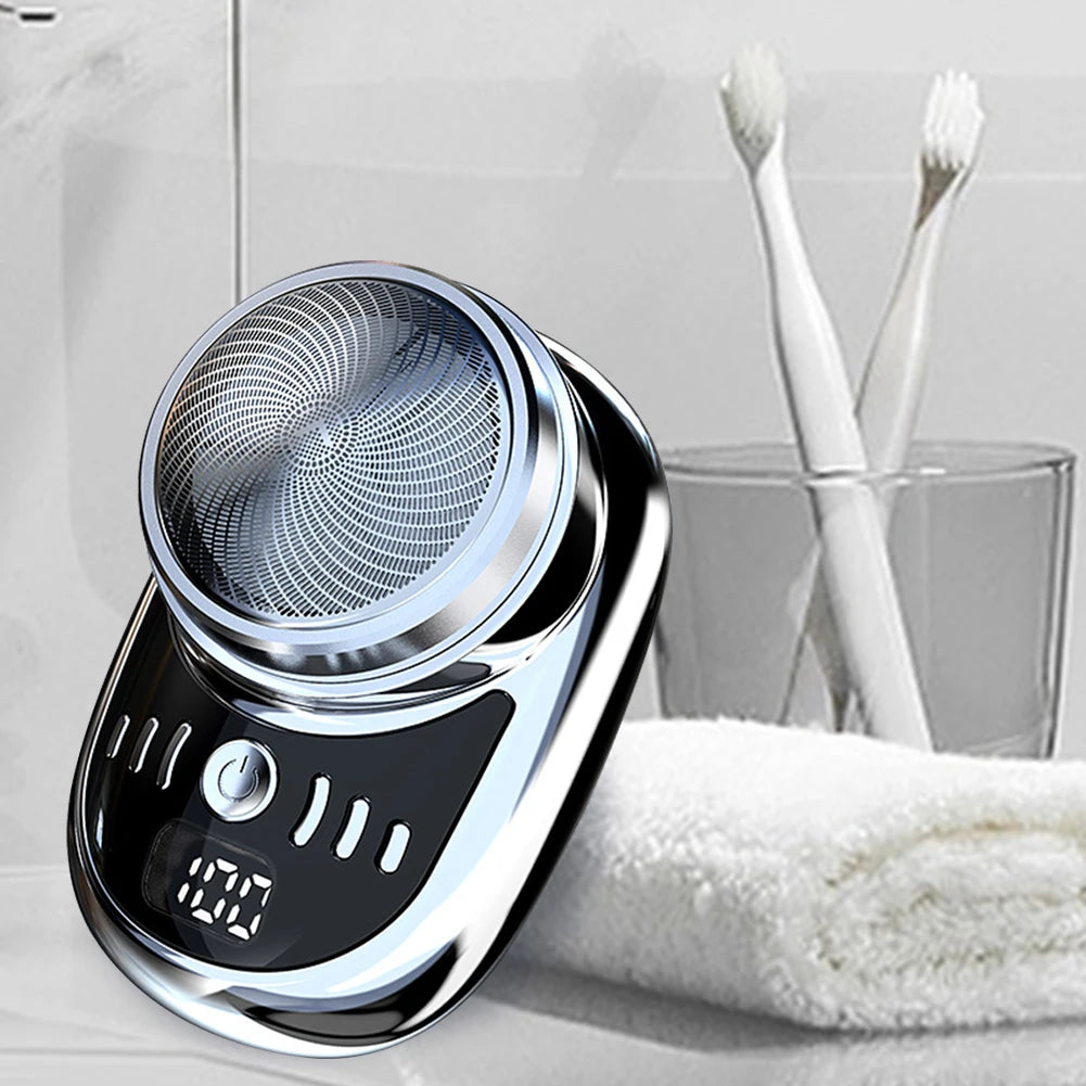 Men's mini electric travel shaver by Showlu Fashion with USB charging, digital display, rechargeable, washable beard trimmer for face.