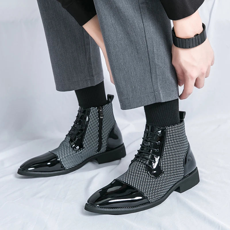 Showlu Fashion Men's pointed toe ankle boots with luxury patchwork patent leather, stylish and sleek for modern footwear.