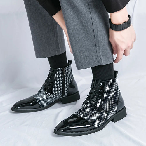 Showlu Fashion Men's pointed toe ankle boots with luxury patchwork patent leather, stylish and sleek for modern footwear.