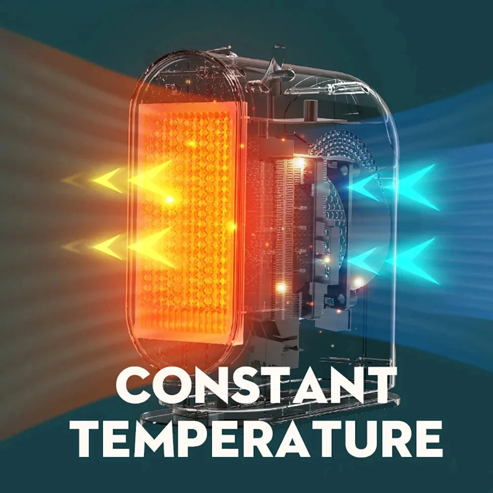 Portable 500W Showlu Smart General electric desktop space heater fan on a desk, compact and energy-efficient heating device