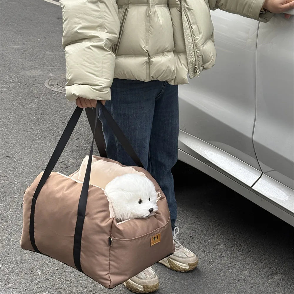 Showlu Dog Car Seat with Safety Belt, washable pet booster travel bed designed for secure and comfortable car travel.