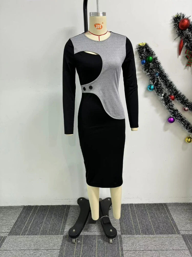AIMEI Women's Patchwork Midi Dress by SHOWLU FASHION STORE featuring long sleeves, asymmetrical design, and bodycon fit.