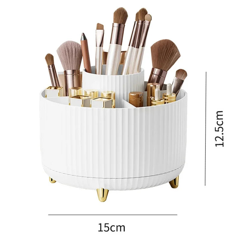 Showlu Smart 360° rotatable makeup and jewelry storage box with five compartments, featuring clear design and multiple organizational sections.