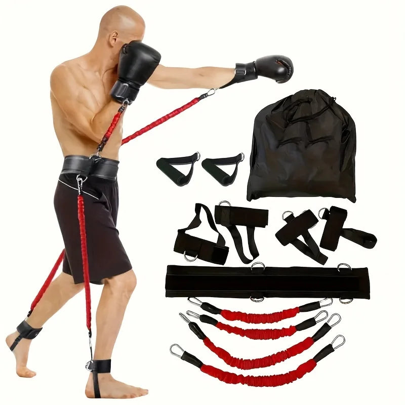 Showlu 12-piece heavy-duty resistance boxing training set for MMA with gloves, bands, and accessories for martial arts workouts.