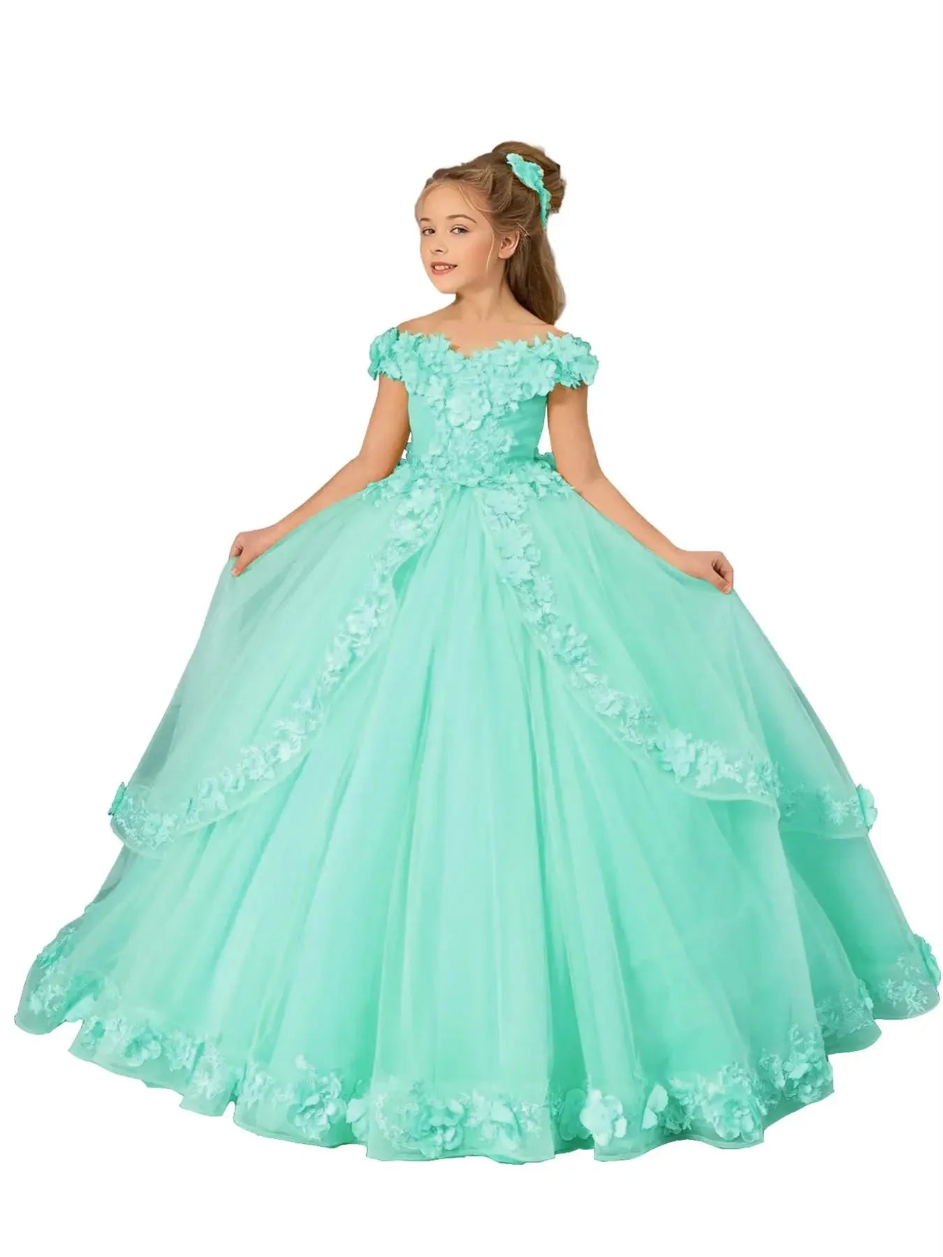 Yellow flower girl dress with beading and appliqué details, suitable for pageants, birthdays, and first communions for girls.