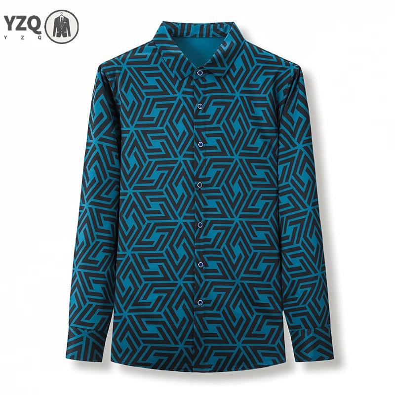 Men's casual printed long sleeve lapel shirt by Showlu Fashion, comfortable wrinkle-free top for spring and autumn fashion.