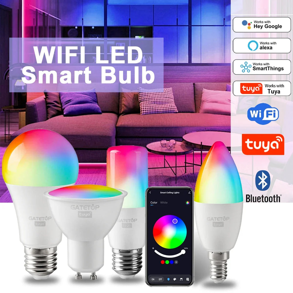 Showlu Smart WiFi adjustable color LED spotlight bulb showing vibrant light colors and modern design in a lighting fixture.