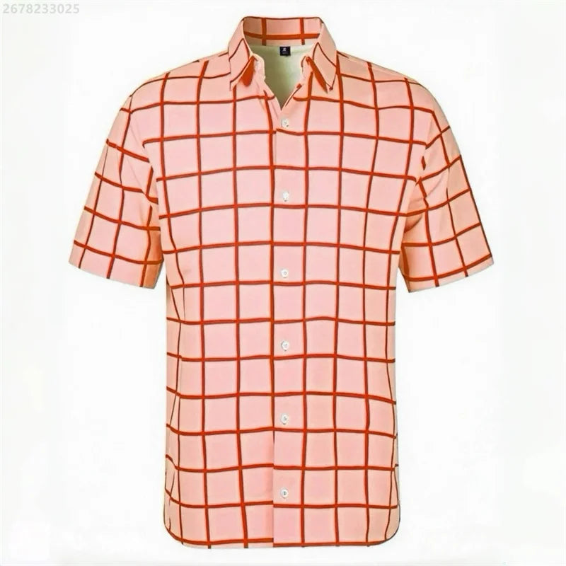 Men's short-sleeved Hawaiian style plaid shirt in red and blue, breathable casual shirt with lapel, suitable for vacation or street wear.